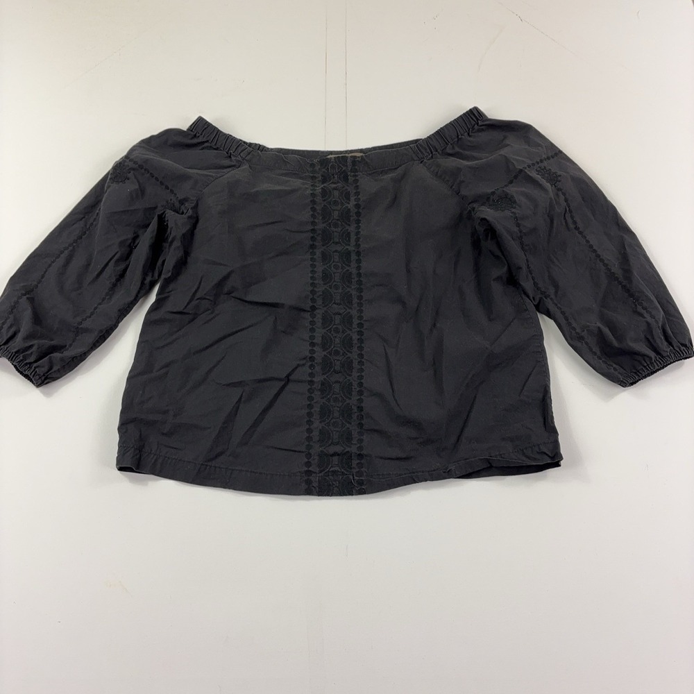 Tommy Bahama Blouse Womens L Black Off Shoulder 3/4 Sleeve Embroidered Top